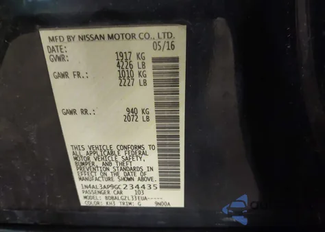 2016 Nissan Altima 2.5/2.5 S/2.5 Sl/2.5 Sr/2.5 Sv z USA, uszkodzony, nr VIN 1N4AL3AP9GC234435